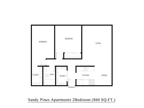 Floor plan for 2 beds, 1 bath, 1100 sqft